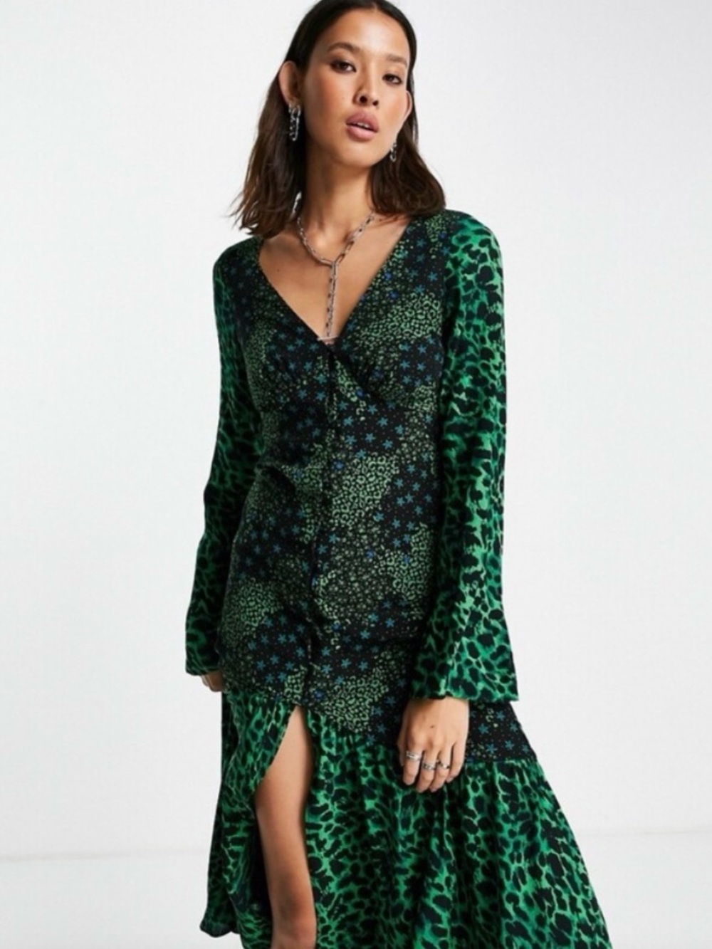 Topshop Green Mixed-Print V-Neck Midi Dress